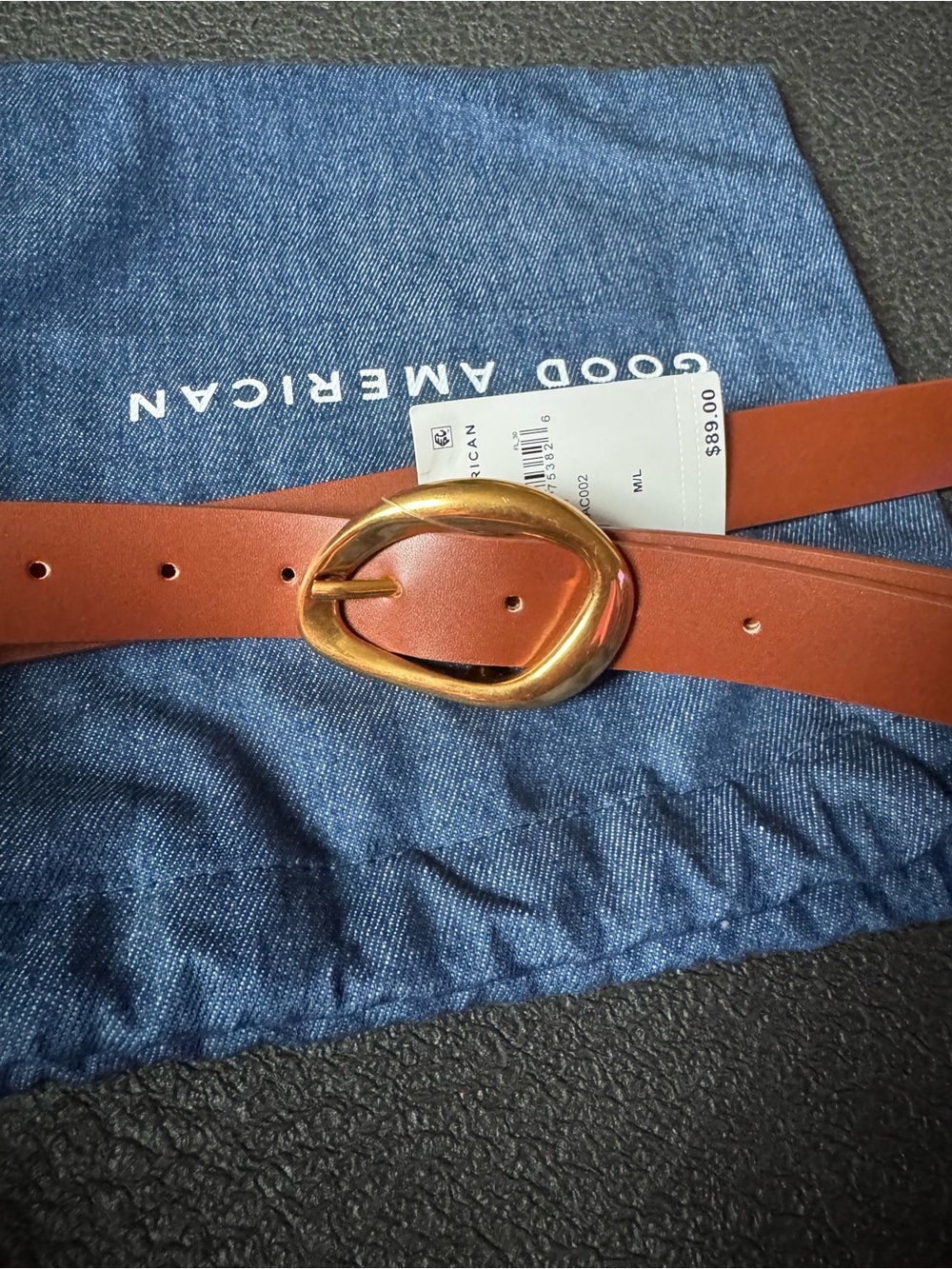 Good American Tan Leather Belt with Gold Oval Buckle Size M/L NWT